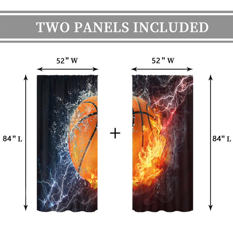 Cinbloo Boys Sports Curtains for Living Room Rod Pocket 52W x 84L Inch Basketball Wall Decor for Men Teens Kids Abstract Thunder Lightning 3D Ball Cool Basketball Bedroom Window Drapes Fabric 2 Panel - Image 3